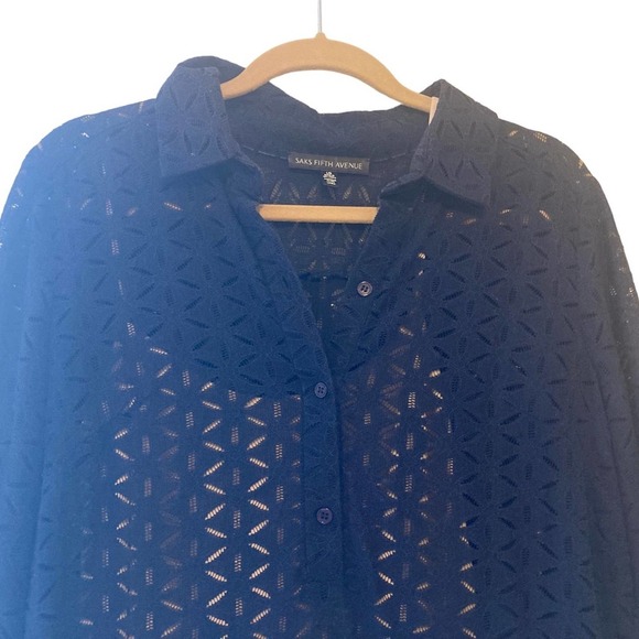 Saks Fifth Avenue Blue Textured Shirt Dress with Slip - Size L - Picture 4 of 7